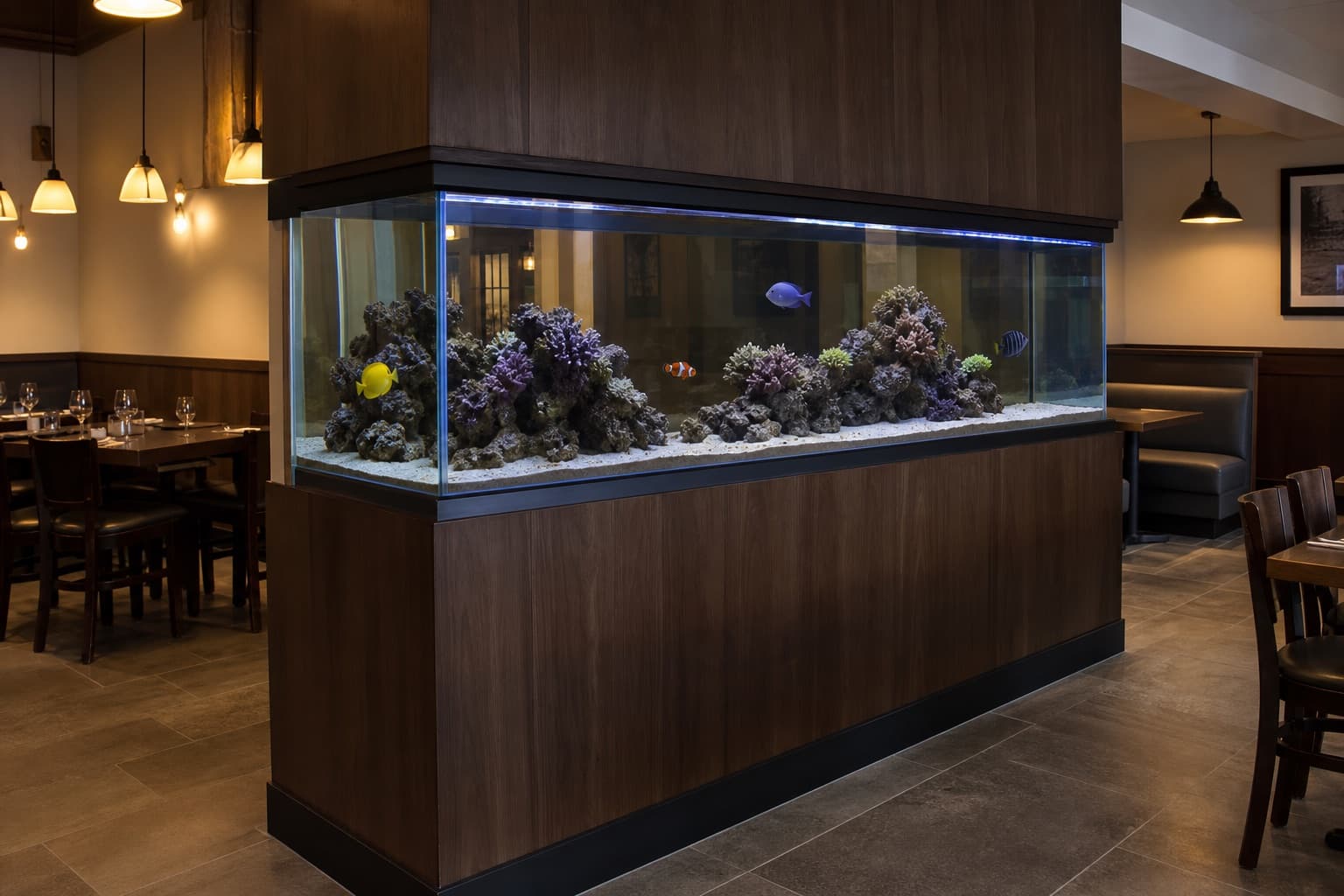 Concept visualization of a two-sided marine aquarium dividing two areas of a restaurant