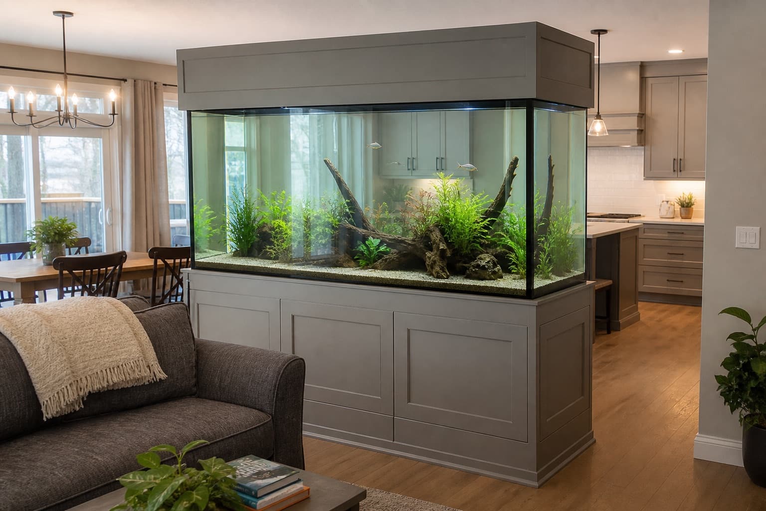 Concept visualization of a custom freshwater peninsula aquarium dividing a living room and dining room