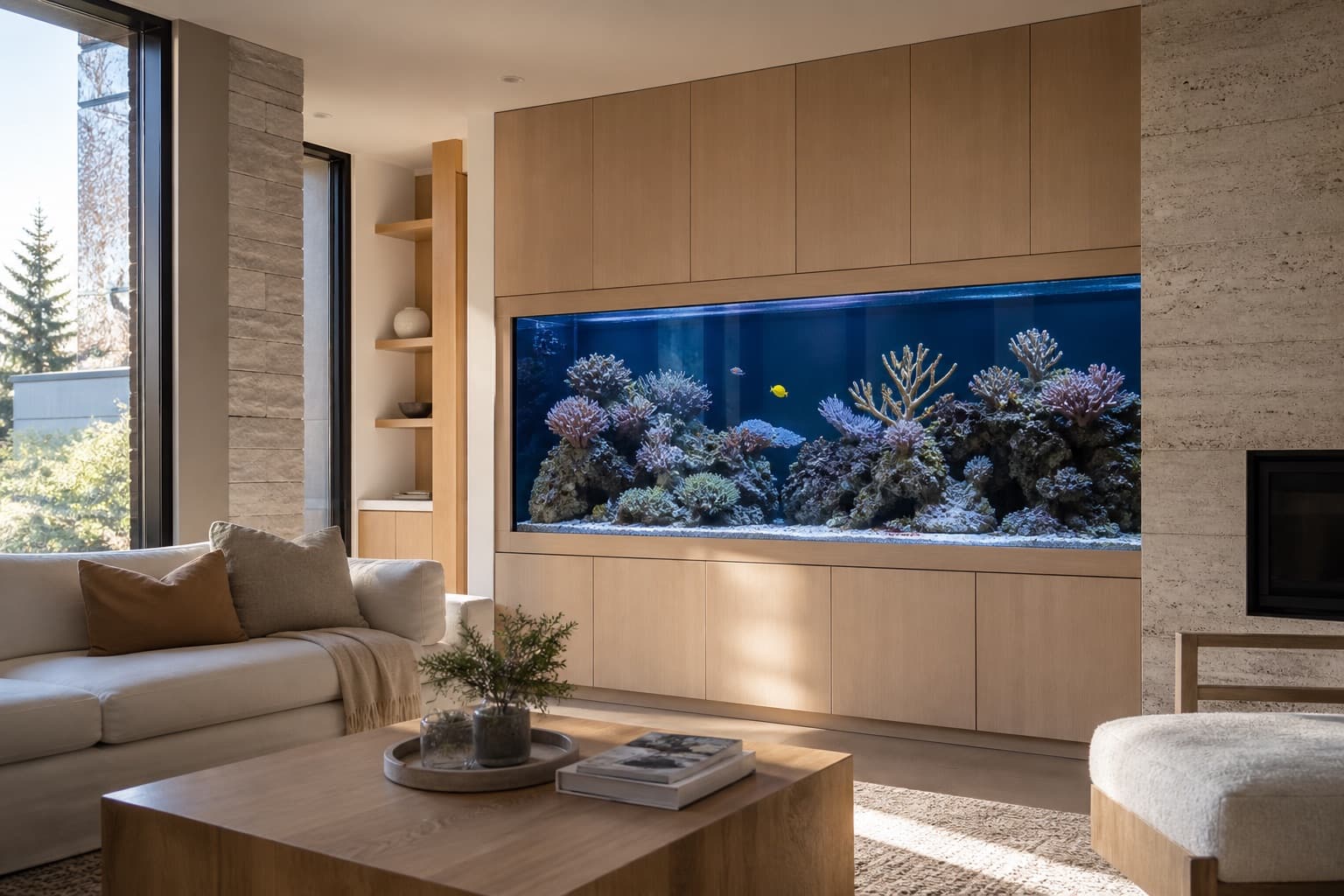 Design visualization of a built-in reef aquarium integrated into a contemporary living room